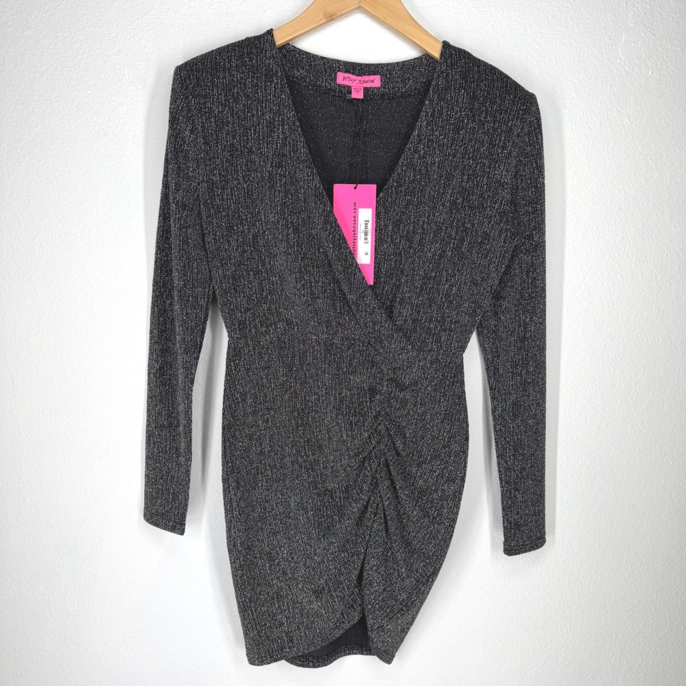 Betsey Johnson Black Metallic Ruched‎ V-Neck Mini Dress S NEW Glam Disco Party